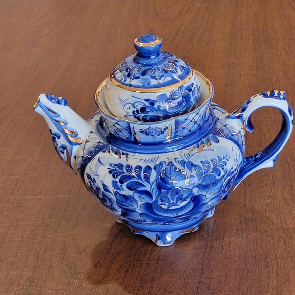 Vintage Porcelain Gzhel teapot blue gold plated handmade - Picture 12 of 12